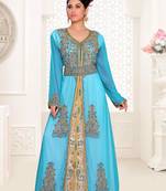 Cyan & White color luxurious Handmade Moroccan Kaftan with hijjab