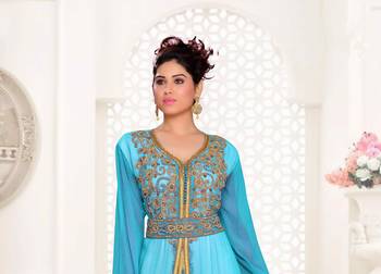 Cyan & White color Handmade Moroccan Kaftan with hijjab 2