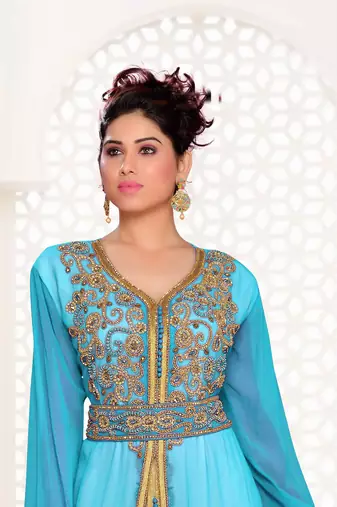 Cyan & White color Handmade Moroccan Kaftan with hijjab