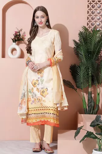 yellow cotton digital printed dress material
