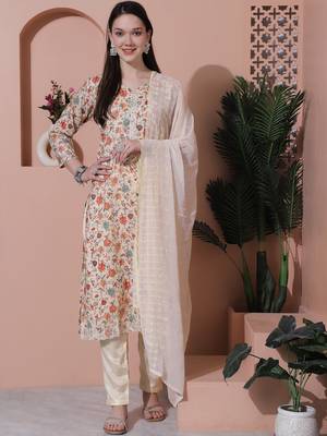 beige cotton digital printed dress material 1