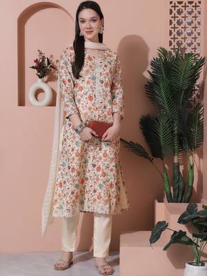 beige cotton digital printed dress material 5