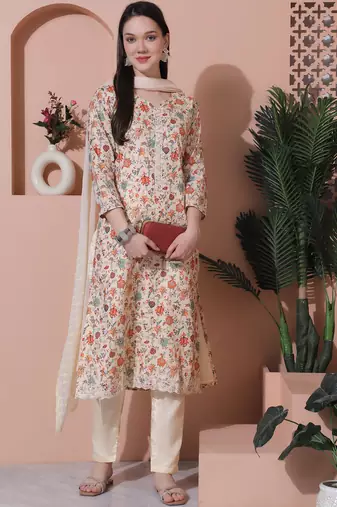 beige cotton digital printed dress material