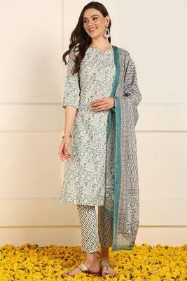 women teal pure cotton floral printed straight kurta trouser with dupatta 1
