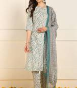 women teal pure cotton floral printed straight kurta trouser with dupatta
