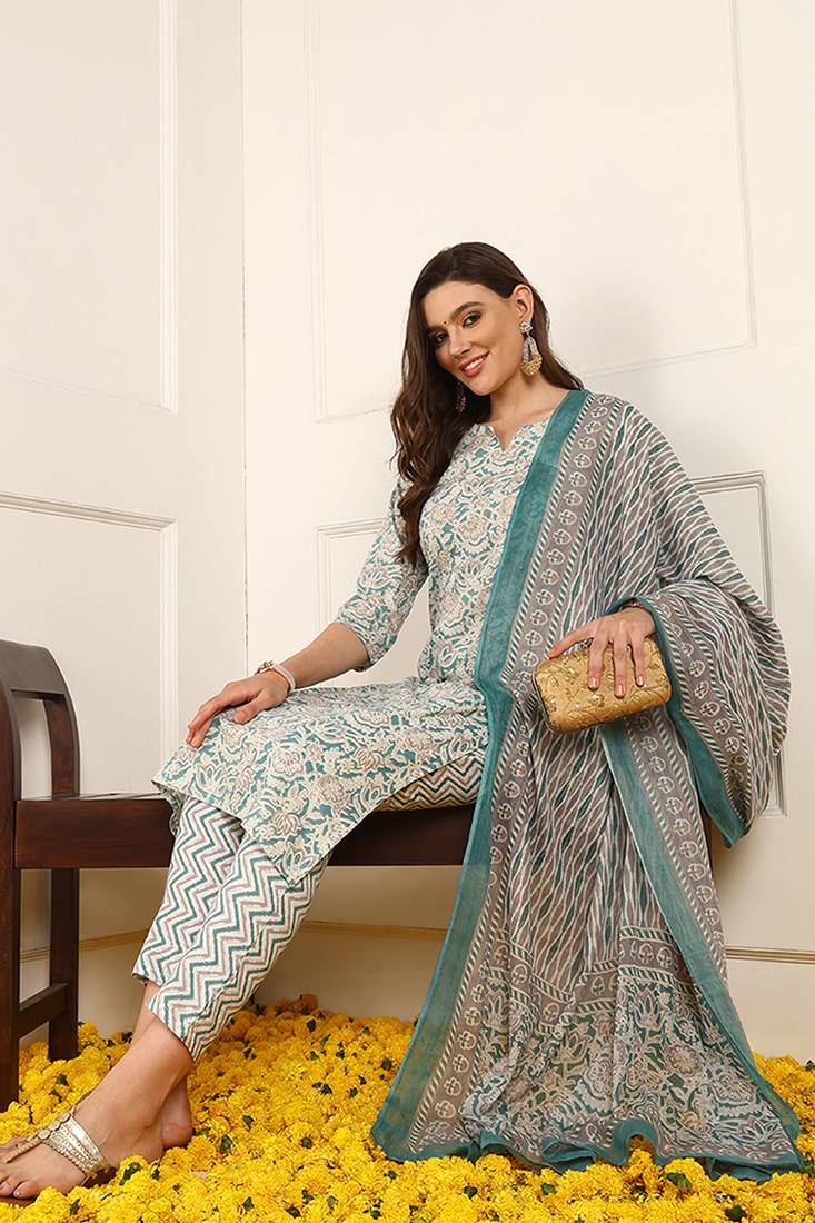 women teal pure cotton floral printed straight kurta trouser with dupatta