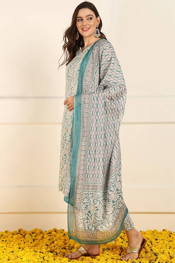 women teal pure cotton floral printed straight kurta trouser with dupatta