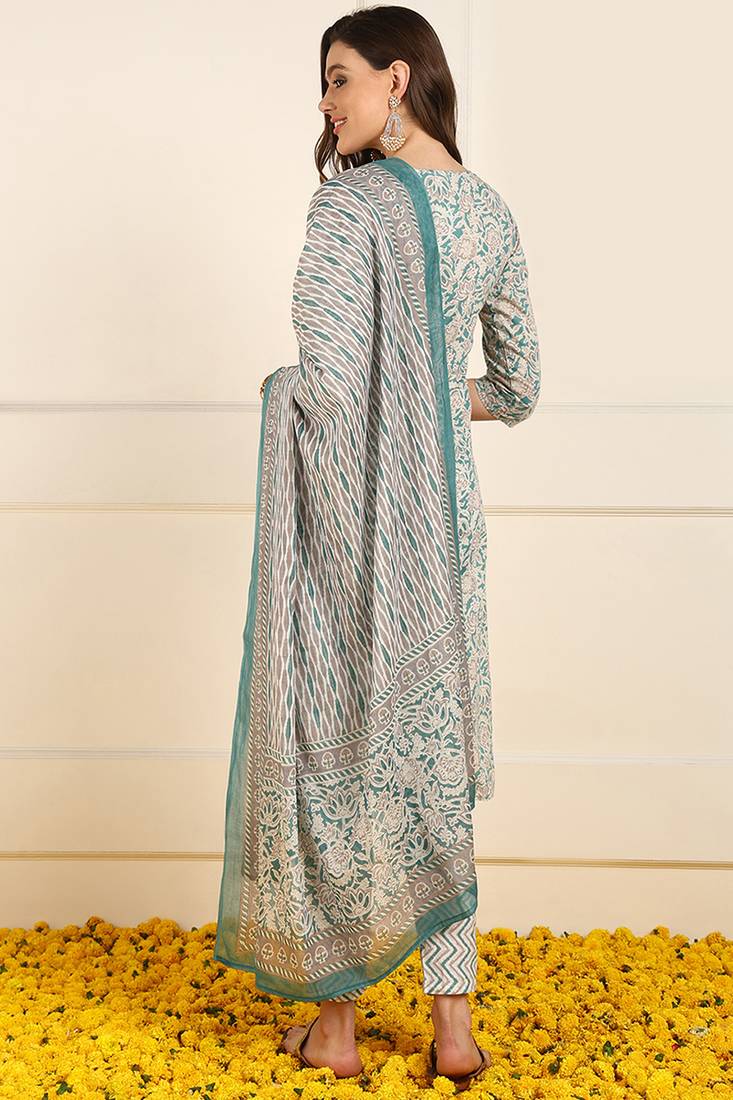 women teal pure cotton floral printed straight kurta trouser with dupatta