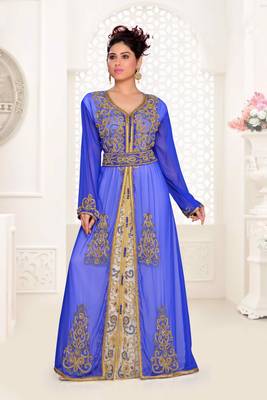 Royal-Blue & White color Handmade Moroccan Kaftan with hijjab 1