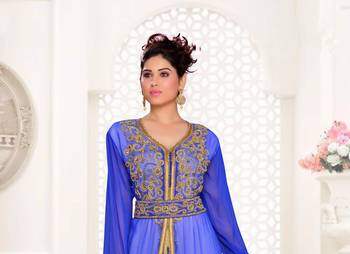 Royal-Blue & White color Handmade Moroccan Kaftan with hijjab 2