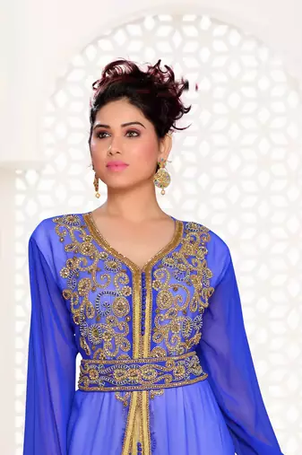 Royal-Blue & White color Handmade Moroccan Kaftan with hijjab