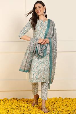 women teal pure cotton floral printed straight kurta trouser with dupatta 7