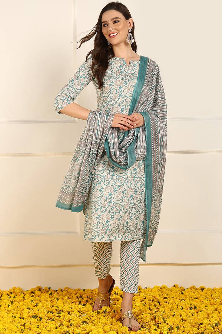 women teal pure cotton floral printed straight kurta trouser with dupatta