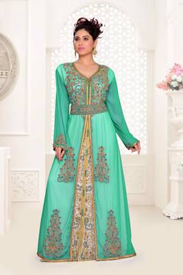 Sea-Green & White color Handmade Moroccan Kaftan with hijjab 1