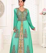 Sea-Green & White color luxurious Handmade Moroccan Kaftan with hijjab