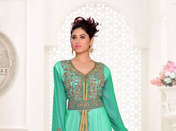 Sea-Green & White color Handmade Moroccan Kaftan with hijjab 2