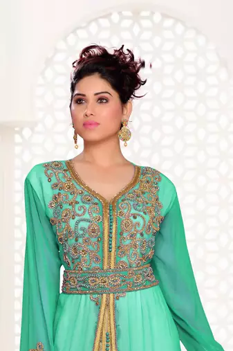Sea-Green & White color Handmade Moroccan Kaftan with hijjab