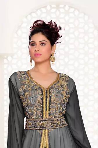 Black & White color Handmade Moroccan Kaftan with hijjab