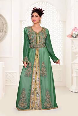 Dark-Green & White color Handmade Moroccan Kaftan with hijjab 1