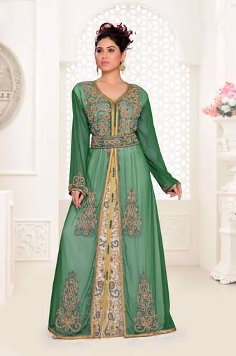 Dark-Green & White color luxurious Handmade Moroccan Kaftan with hijjab