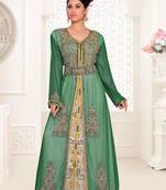Dark-Green & White color luxurious Handmade Moroccan Kaftan with hijjab