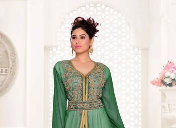 Dark-Green & White color Handmade Moroccan Kaftan with hijjab 2