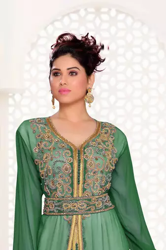 Dark-Green & White color Handmade Moroccan Kaftan with hijjab