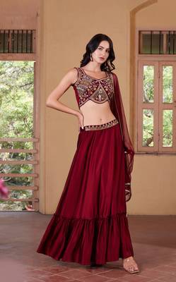 Maroon Thread Embroidered Rangoli Georgette Stitched Lehenga choli 6