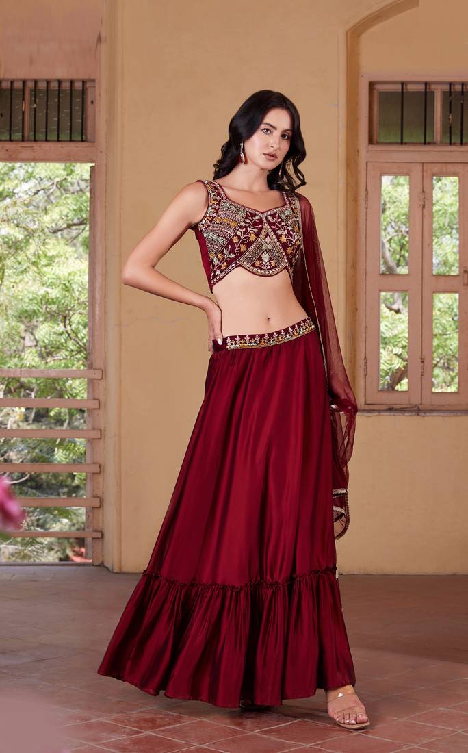 Maroon Thread Embroidered Rangoli Georgette Stitched Lehenga choli