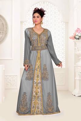 Grey & White color Handmade Moroccan Kaftan  with hijjab 1