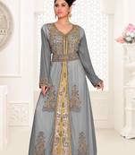 Grey & White color luxurious Handmade Moroccan Kaftan  with hijjab
