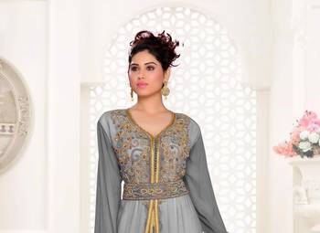 Grey & White color Handmade Moroccan Kaftan  with hijjab 2