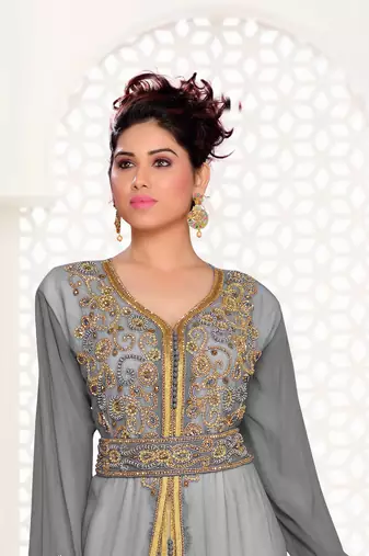 Grey & White color Handmade Moroccan Kaftan  with hijjab