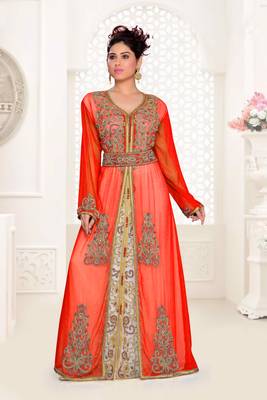 Red & White color Handmade Moroccan Kaftan with hijjab 1