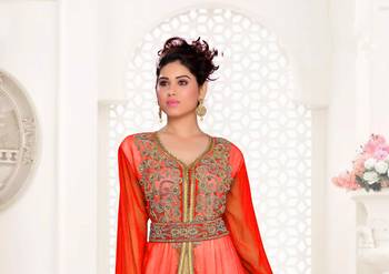 Red & White color Handmade Moroccan Kaftan with hijjab 2