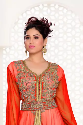 Red & White color Handmade Moroccan Kaftan with hijjab