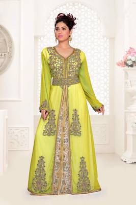 Yellow & White color Handmade Moroccan Kaftan with hijjab 1