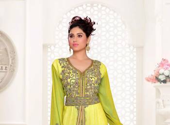 Yellow & White color Handmade Moroccan Kaftan with hijjab 2