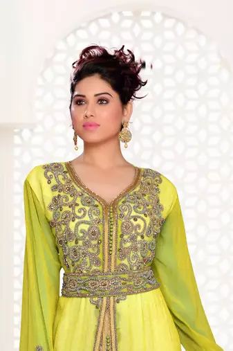 Yellow & White color Handmade Moroccan Kaftan with hijjab
