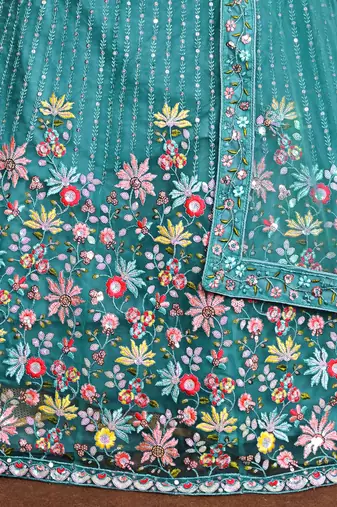 Firoji Turquoise Butter Net Sequins Embroidered Designer Lehenga Choli