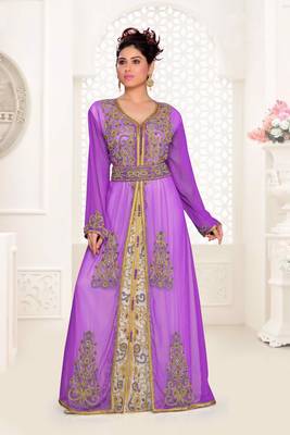 Purple & White color Handmade Moroccan Kaftan  with hijjab 1