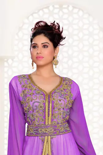Purple & White color Handmade Moroccan Kaftan  with hijjab