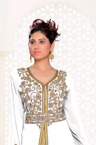 Off-White & White color Handmade Moroccan Kaftan with hijjab