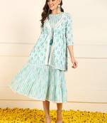 women turquoise blue cotton floral printed fit and flare western dress with shrug