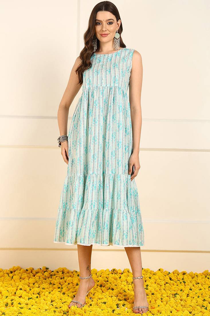 women turquoise blue cotton floral printed fit and flare western dress with shrug