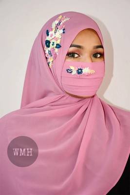 Pink threadworkgeorgette islamic hijab with naqab 2