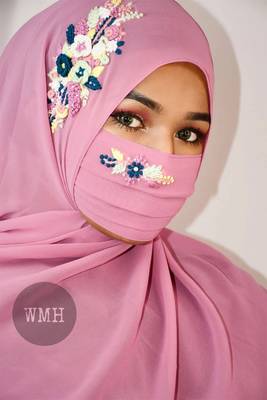 Pink threadworkgeorgette islamic hijab with naqab 3