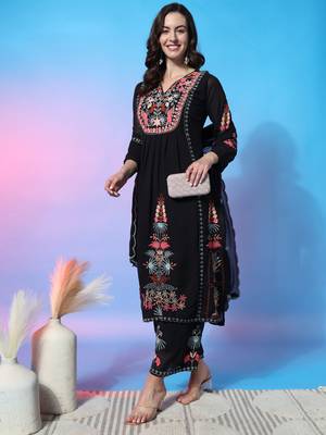 Black embroidered faux georgette fabric kurti & palazzo set 1