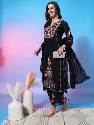 Black embroidered faux georgette fabric kurti & palazzo set 2