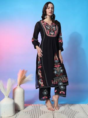 Black embroidered faux georgette fabric kurti & palazzo set 3